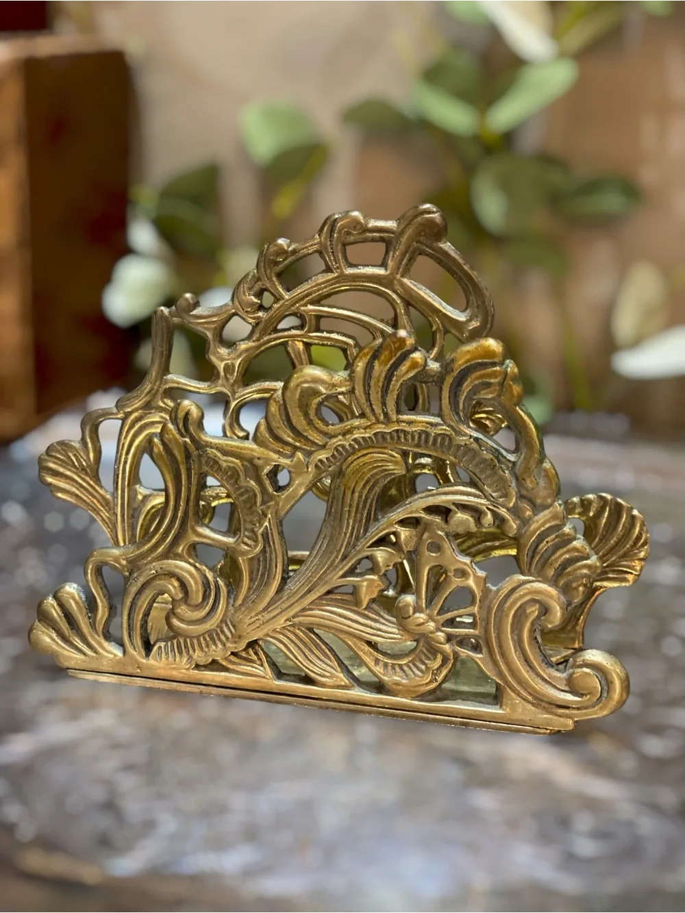 Vintage Solid Brass Art Nouveau Napkin Mail Recipe Card Holder